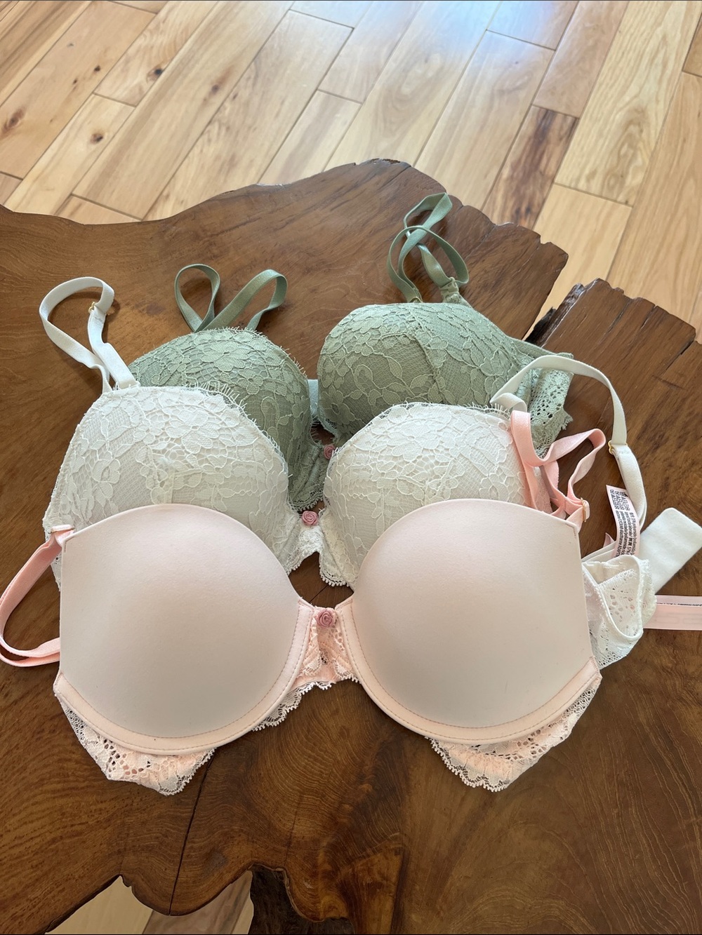 Victoria's Secret Lace and T-Shirt Bra Trio - Blush Pink, White & Sage